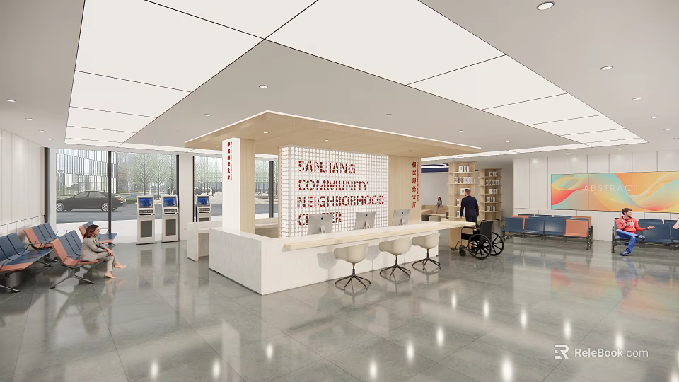Modern Community Service Hall Interior With Service Counter Seats And Bright Signage 3d model 