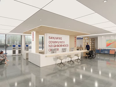 Modern Community Service Hall Interior With Service Counter Seats And Bright Signage 3d model