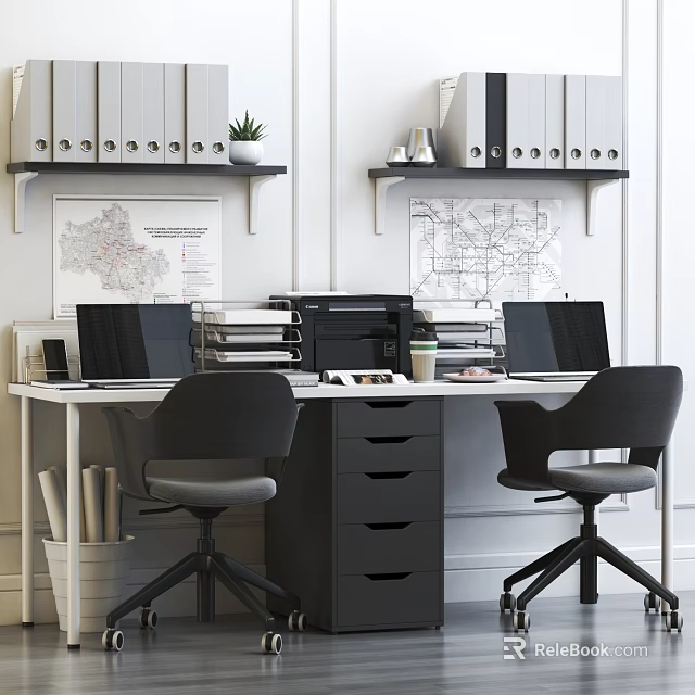 Modern Office Desk With Two Ergonomic Chairs Laptops File Cabinet Maps Shelf Folders and Plant 3d model 