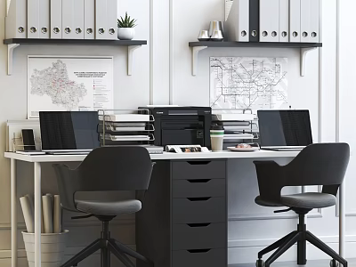 Modern Office Desk With Two Ergonomic Chairs Laptops File Cabinet Maps Shelf Folders and Plant 3d model