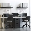 Modern Office Desk With Two Ergonomic Chairs Laptops File Cabinet Maps Shelf Folders and Plant