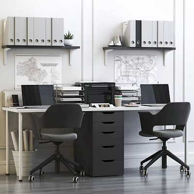 Modern Office Desk With Two Ergonomic Chairs Laptops File Cabinet Maps Shelf Folders and Plant 3d model