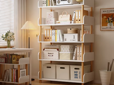 Modern White And Wooden Bookcase With Books Storage Boxes And Decorative Items In Home Office 3d model