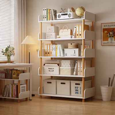 Modern White And Wooden Bookcase With Books Storage Boxes And Decorative Items In Home Office 3d model