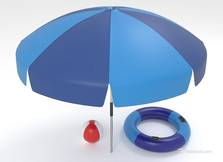 Blue And White Striped Outdoor Patio Umbrella With Beach Ball And Inflatable Ring 3d model 