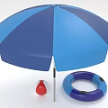 Blue And White Striped Outdoor Patio Umbrella With Beach Ball And Inflatable Ring