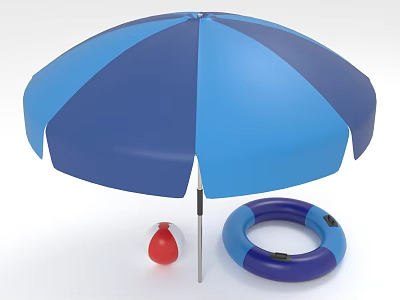Blue And White Striped Outdoor Patio Umbrella With Beach Ball And Inflatable Ring 3d model