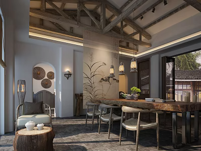Traditional Chinese Clubhouse Interior with Wooden Beam Ceiling Decorative Paintings and Round Tables 3d model