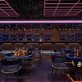 Modern Bar Interior With Neon Decor City Skyline View And Blue Lighting