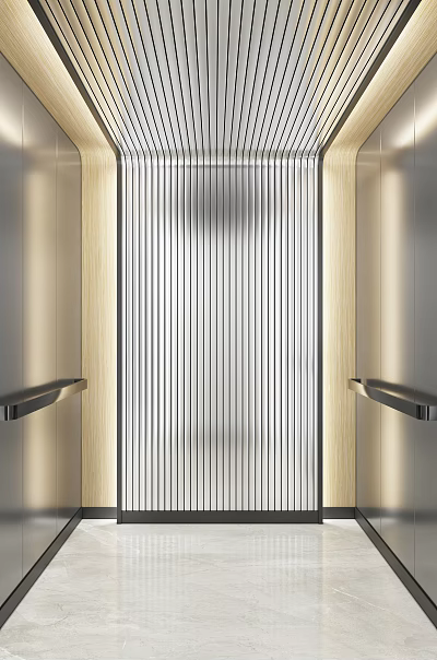 Modern Elevator Interior Design With Metallic Doors And Wooden Side Panels 3d model