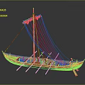 Detailed Traditional Ship Model With Orange Blue Hull Mast Ropes And Oars On Reflective Surface