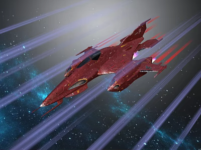 Red Interstellar Spaceship Flying Through Cosmic Starry Sky With Light Rays 3d model