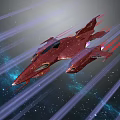Red Interstellar Spaceship Flying Through Cosmic Starry Sky With Light Rays