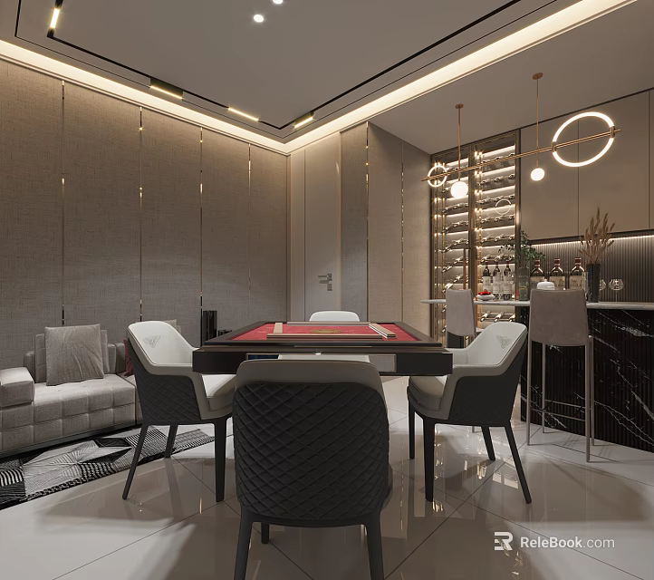 Elegant Hotel Mahjong Room Interior With Comfortable Chairs Sofa And Modern Lighting 3d model 