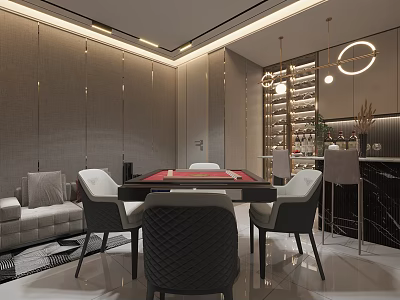 Elegant Hotel Mahjong Room Interior With Comfortable Chairs Sofa And Modern Lighting 3d model