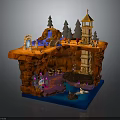 Fantasy Miniature Scene With Rock Structure Tower Trees Figures And Water Elements 3d model