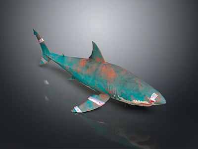 Green Rusted Shark Model With Decorative Tags And Reflective Dark Surface 3d model