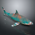 Green Rusted Shark Model With Decorative Tags And Reflective Dark Surface 3d model