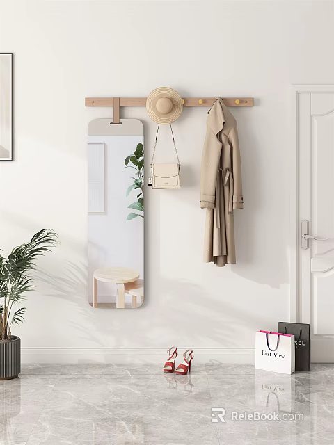 Entryway Wall Hanger With Hat Bag Coat Mirror And Plant For Home Decor 3d model 