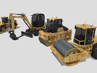 Yellow Heavy Duty Construction Utility Vehicles With Excavator And Road Roller 3d model