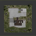 Modern White House With Flat Roof Wooden Terrace Blue Lounge Chairs And Greenery