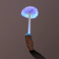 Glowing Purple Vegetable Mushroom with White Stem Inserted in Brown Wood Gray Background