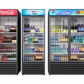 Commercial Beverage Display Refrigerators Stocked With Bottled And Canned Drinks For Retail Stores