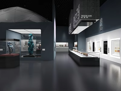 Cultural Center Exhibition Hall Interior With Artworks Sculptures And Display Cases 3d model