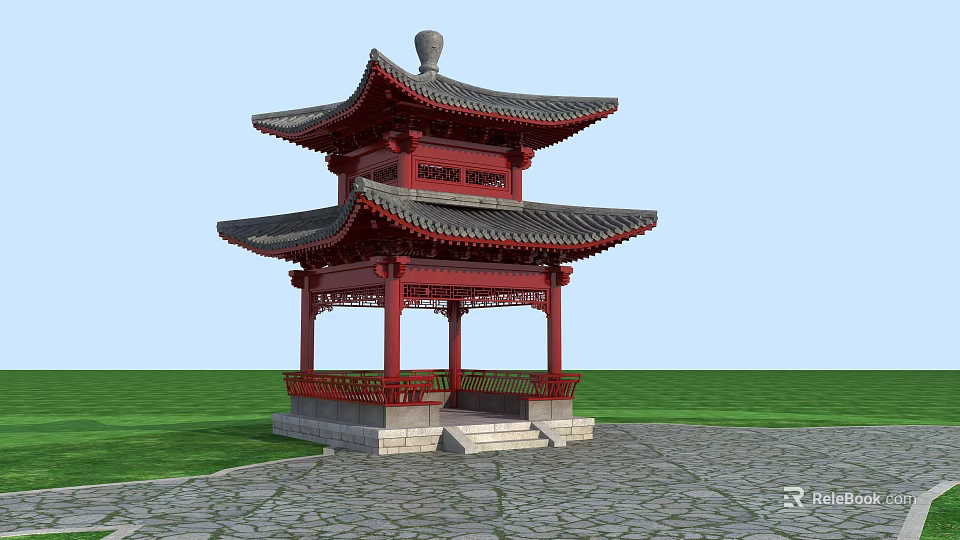 Traditional Red Chinese Two Story Pavilion With Curved Roof Stone Base And Green Grass 3d model 