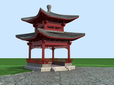 Traditional Red Chinese Two Story Pavilion With Curved Roof Stone Base And Green Grass 3d model