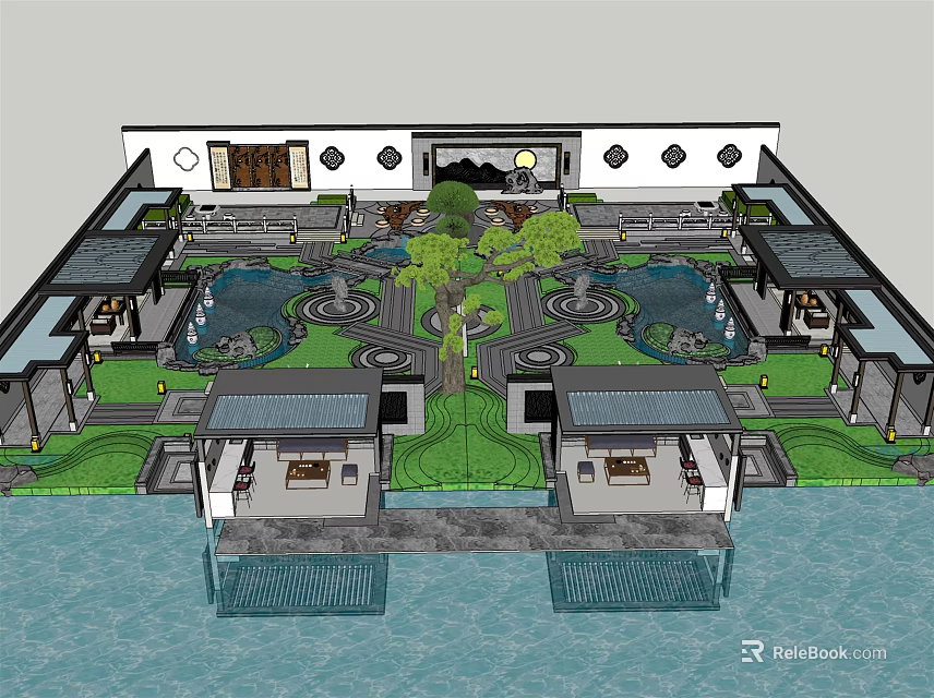 Traditional Courtyard Garden Design With Central Trees Ponds And Symmetrical Layout 3d model 