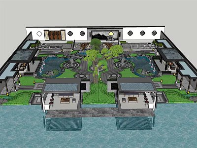 Traditional Courtyard Garden Design With Central Trees Ponds And Symmetrical Layout 3d model
