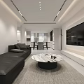 Modern Minimalist Living and Dining Room With Built In TV Wall And Marble Coffee Table