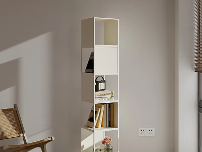 White Multi Tiered Storage Shelf Unit In Modern Living Room With Books And Decor Items 3d model