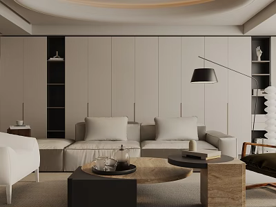 Modern Minimalist Living Room Interior Design With Light Sofa Coffee Table And Floor Lamp 3d model