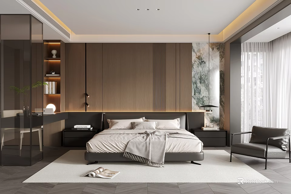 Modern Bedroom Interior Design With Wooden Accent Wall Large Bed Nightstands Armchair And Rug 3d model 