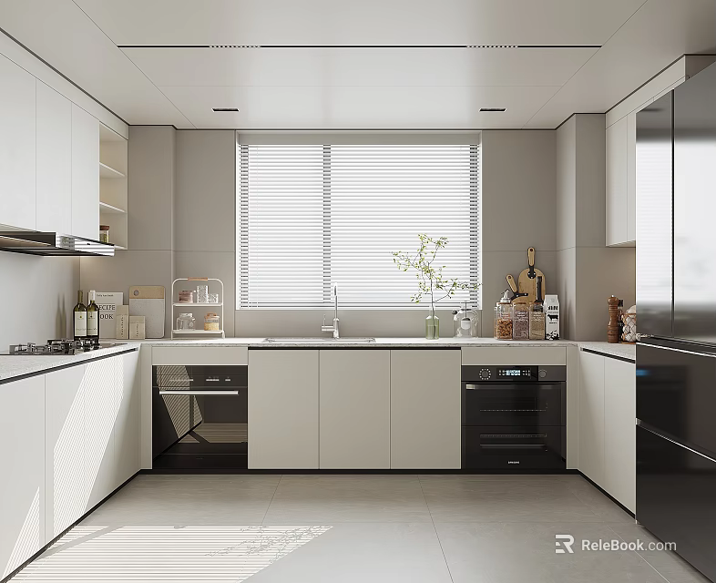 Modern Minimalist Kitchen Interior With White Cabinets Countertop Blinds And Appliances 3d model 