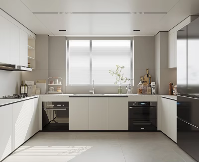 Modern Minimalist Kitchen Interior With White Cabinets Countertop Blinds And Appliances 3d model