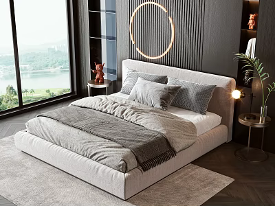 Modern Double Bed Bedroom Design With Circular Wall Lamp Nightstand View And Soft Decor Elements 3d model