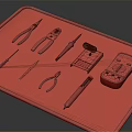 Essential Hardware Tools Collection Including Pliers Screwdrivers Multimeter Tweezers on Black Mat with Red Border