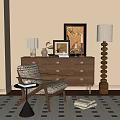 Elegant Accent Chair With Geometric Cushion Wooden Dresser Decorative Frames And Floor Lamp