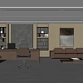 Modern Office Interior with Desk Office Chairs Sofa Bookshelves Decorative Painting Green Plant Carpet