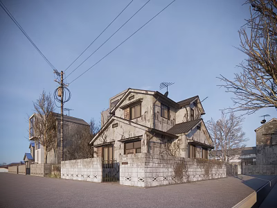 Dilapidated Detached House With Stone Wall Power Lines And Leafless Trees Under Blue Sky 3d model
