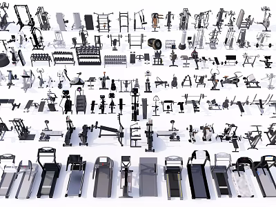 Diverse Collection of Sports Equipment Featuring Treadmills Dumbbells Benches and Fitness Machines for Home Workout 3d model