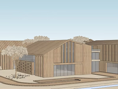 Wooden Boutique Guesthouse Modern Design With Gabled Roof Large Glass Windows Surrounded By Trees 3d model