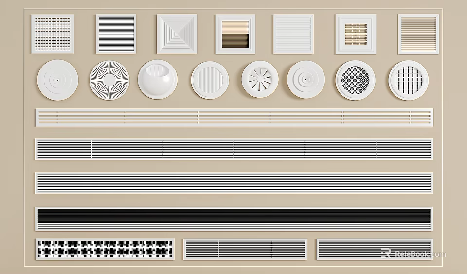 Air Conditioner Vents With Various Designs Including Round Square And Grille Styles 3d model 