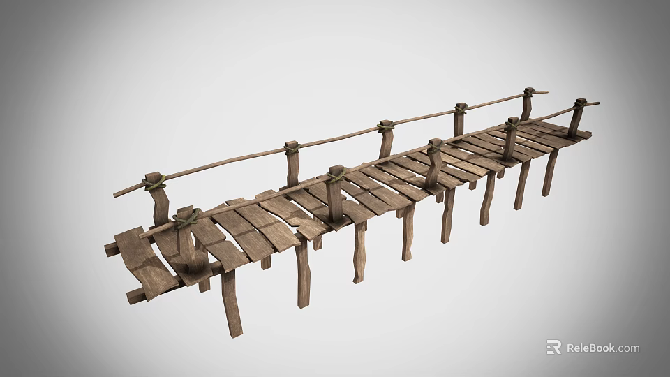 Rustic Wooden Bridge Structure With Weathered Planks And Wooden Railings 3d model 