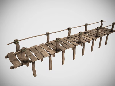 Rustic Wooden Bridge Structure With Weathered Planks And Wooden Railings 3d model
