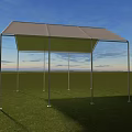 Green Outdoor Canopy with White Metal Frame on Grass Field Under Sunset Sky 3d model