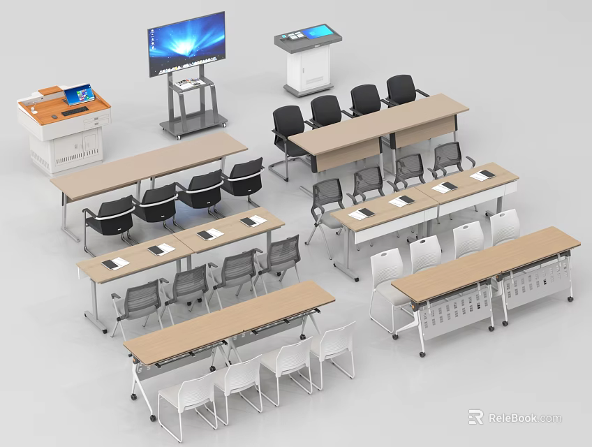 Modern Conference Tables With Black And White Chairs Large Screen And Control Console 3d model 